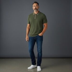 PJ PAUL JONES Men's Olive Green Knit Texture Polo Shirt Short Sleeve Size Medium